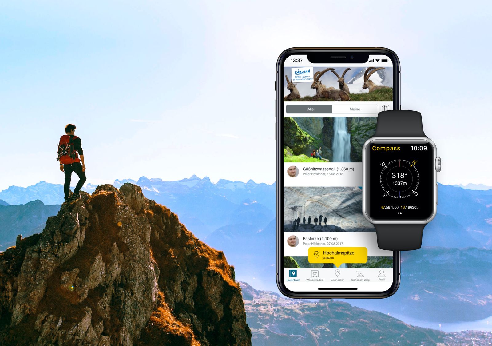 Smartwatch and smartphone mockups with a man standing on a mountain peak in the background